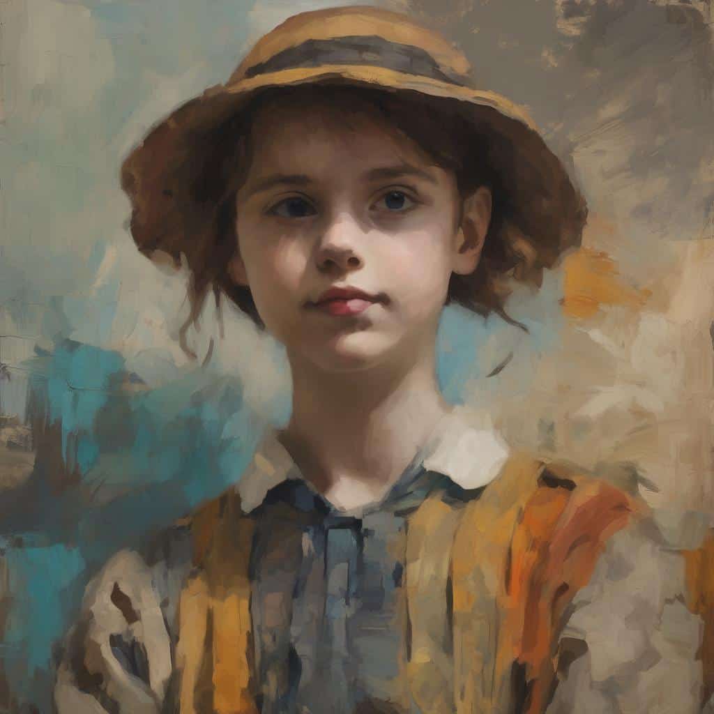 Λorphat νεαρό κορίτσι με καπέλο και ρούχα σε μινιμαλιστικό, καλλιτεχνικό στυλ, έκφραση σαφή, έργο τέχνης της Τέχνης της Σιωπής.