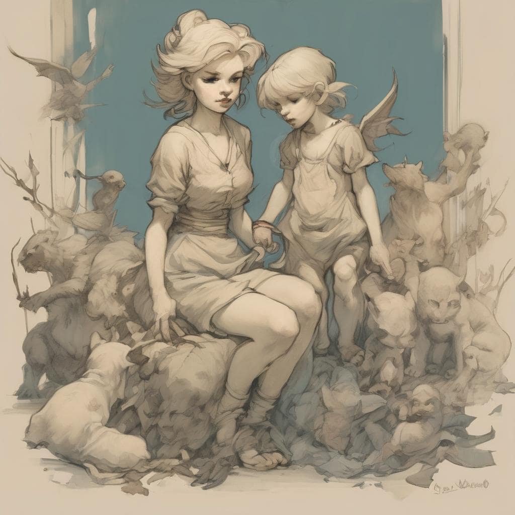 Άνθρωποι με πτηνά και σκυλιά σε μινιμαλιστικό έργο τέχνης που αναδεικνύει την τέχνη της σιωπής και την έκφραση.