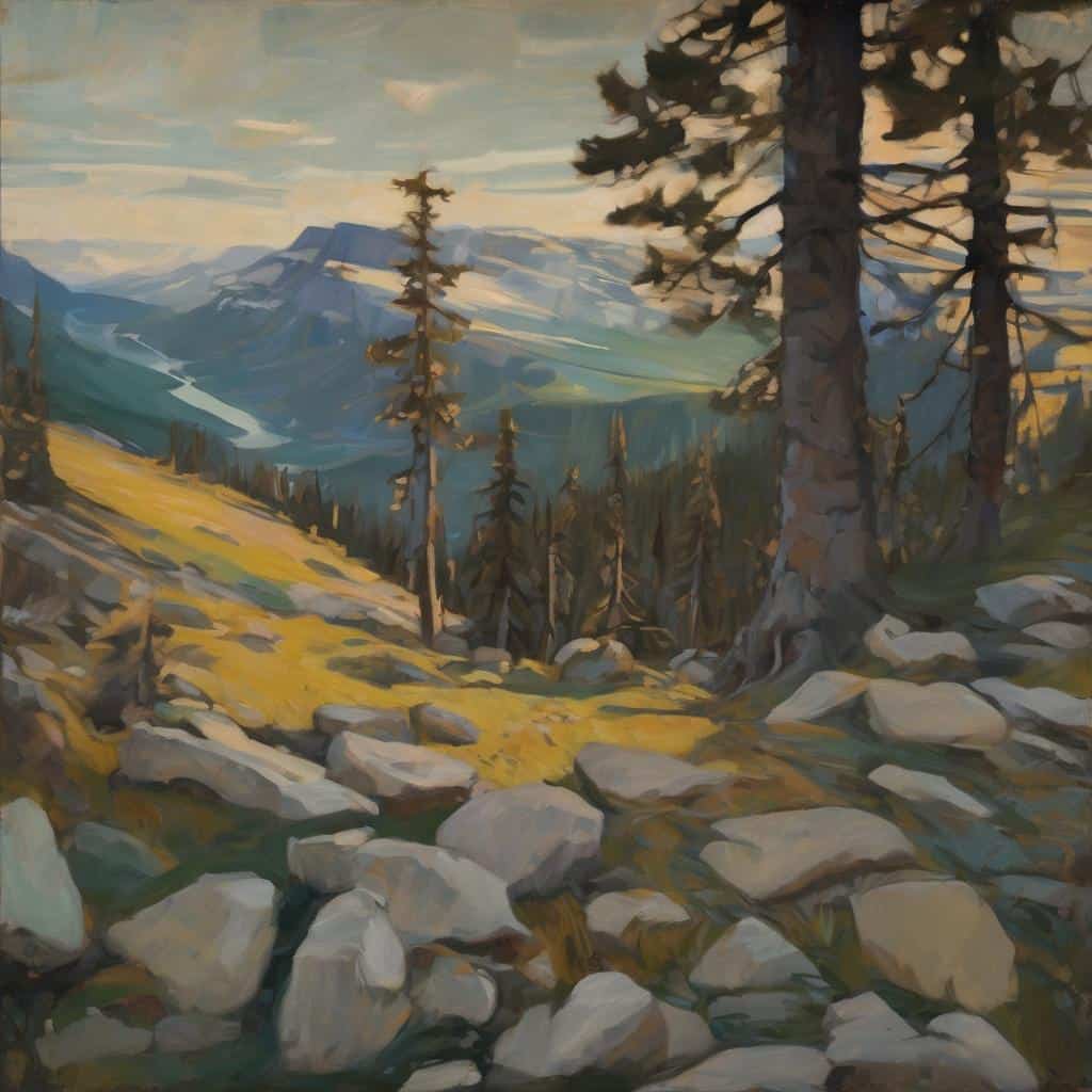 Λευκός πίνακας με οροσειρές και δέντρα σε μινιμαλιστικό και εκφραστικό στυλ, αποκαλύπτοντας την τέχνη της σιωπής και τον ήσυχο, φυσικό κόσμο.